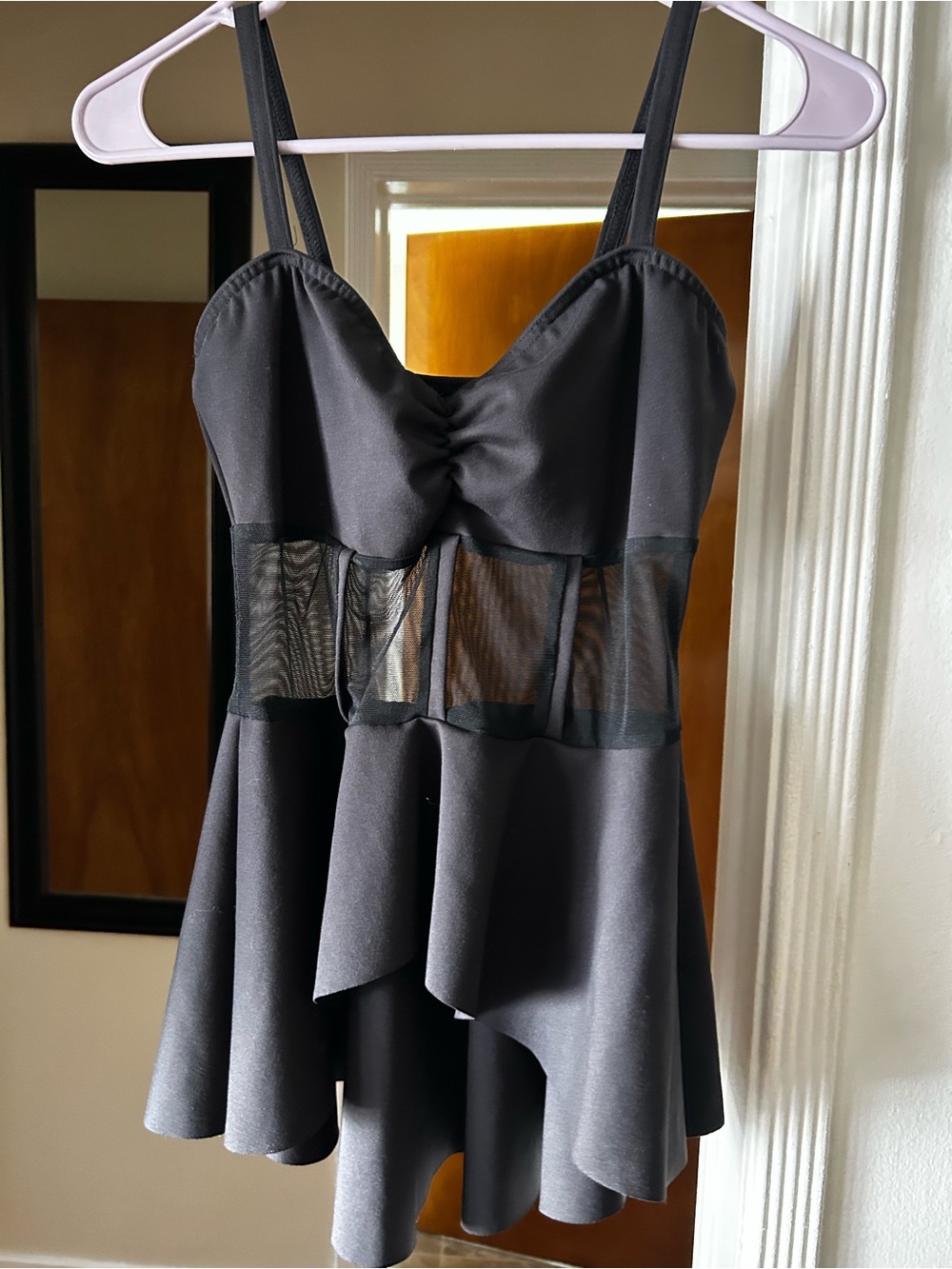 Kelle- MA Black Top with Sheer Mesh Midriff.